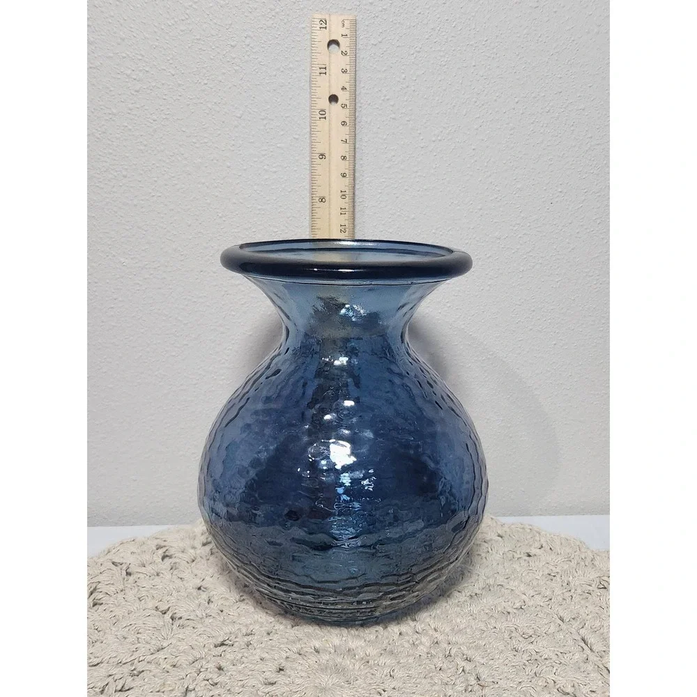 Blue Recycled Glass Vase Hammered Texture Round Bulbous Floral Decor 7.5 inch